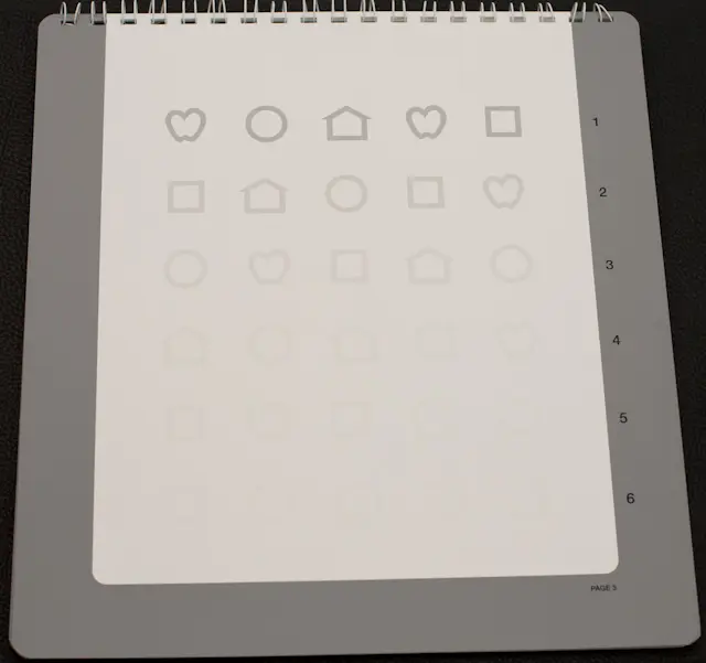 Hvit tavle med svarte symboler som blir mer og mer uklare jo lenger ned man kommer på tavlen.