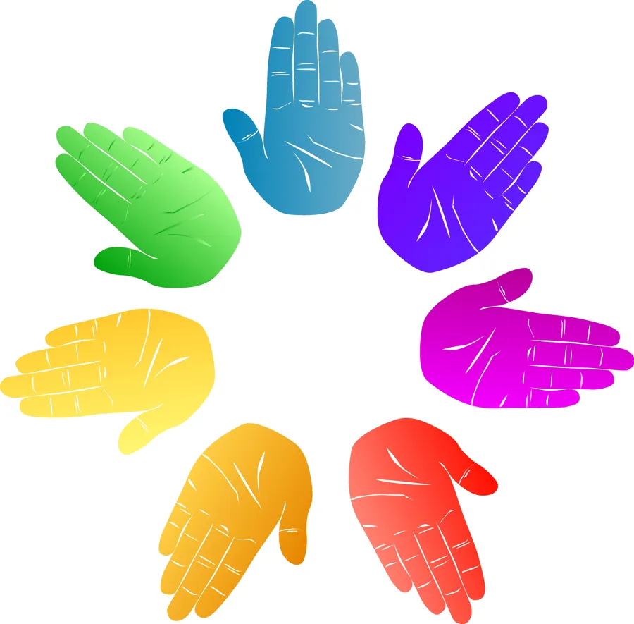 Figurer av hender i forskjellige farger i en sirkel på hvit bakgrunn.