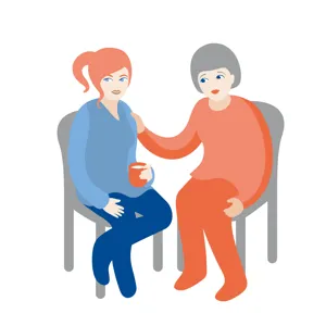 Illustrasjon av to damer som sitter ved siden av hverandre og snakker